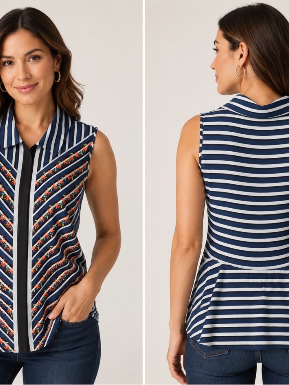 NWOT CAbi Sleeveless Navy Stripe Button-Front Top with Floral Trim Sz Small